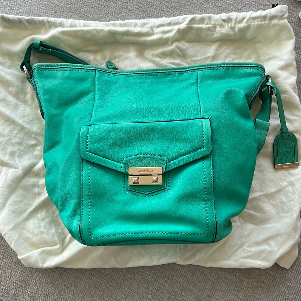 Cole Haan Zoe Green Leather Large Bucket Shoulder Bag